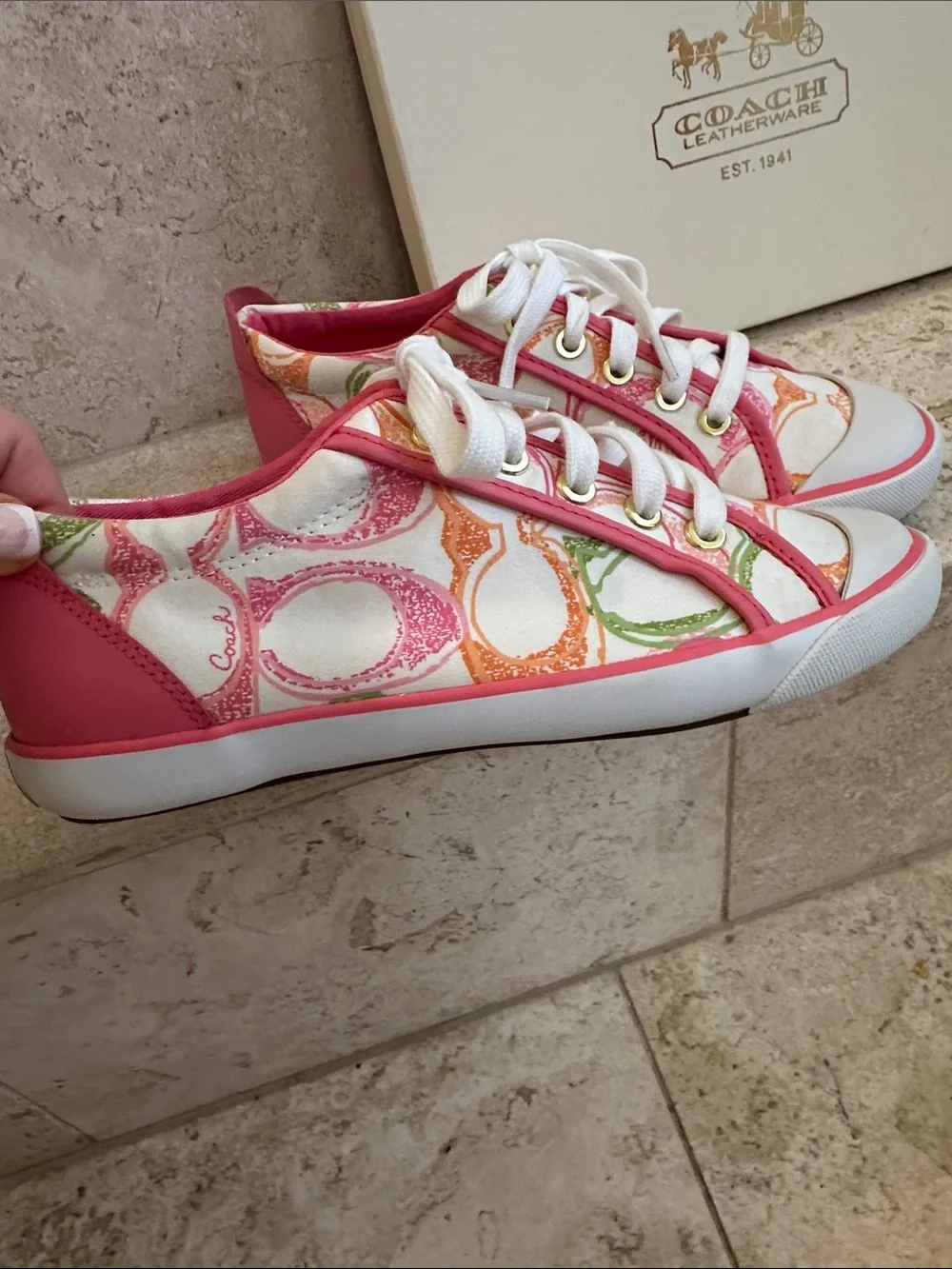 New Coach Pink White Sneakers with Pink and Multicolor Signature Print